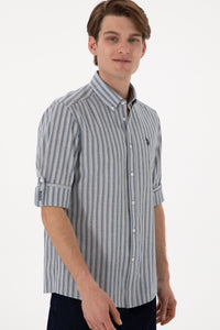 Cămașă Bărbați Albastru Prăfuit Cu Dungi Verticale Și Logo Discret