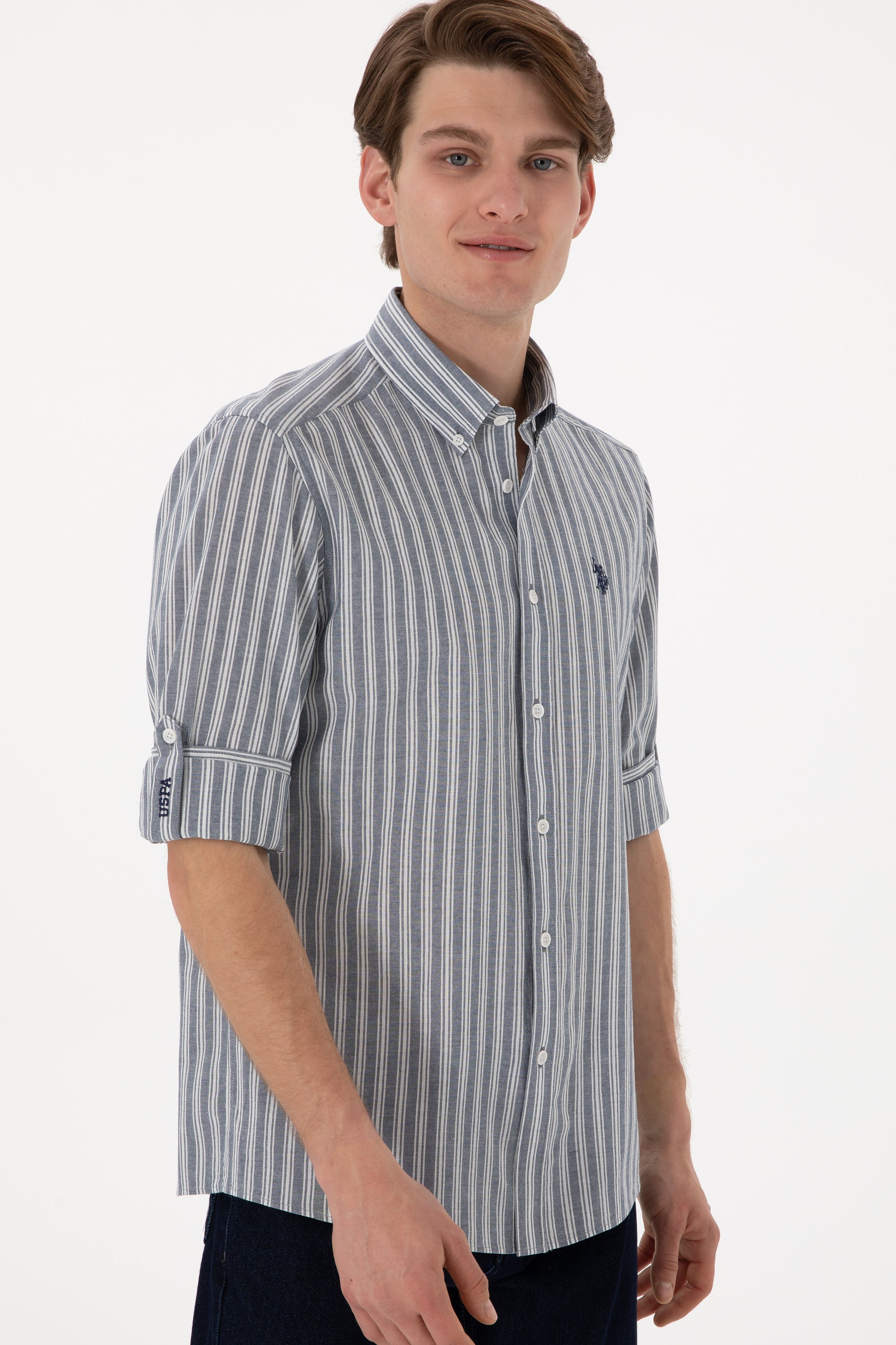 Cămașă Bărbați Albastru Prăfuit Cu Dungi Verticale Și Logo Discret