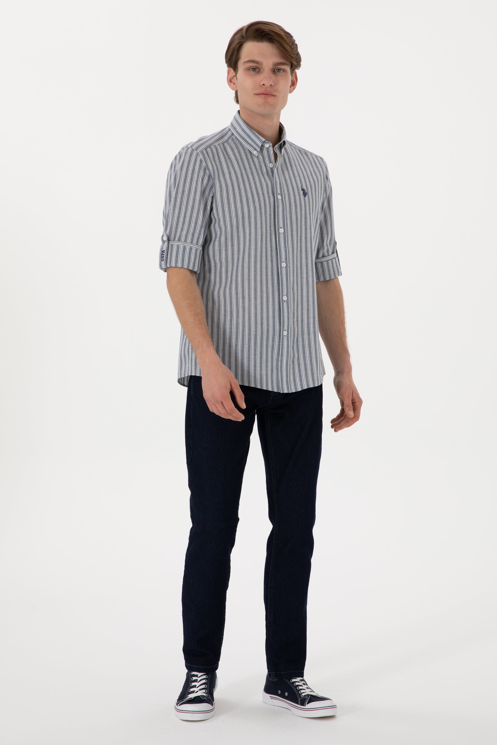 Cămașă Bărbați Albastru Prăfuit Cu Dungi Verticale Și Logo Discret