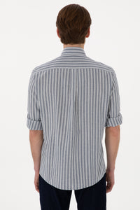 Cămașă Bărbați Albastru Prăfuit Cu Dungi Verticale Și Logo Discret