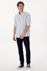 Cămașă Bărbați Pe Alb Cu Dungi Verticale Bleumarin Și Logo Discret