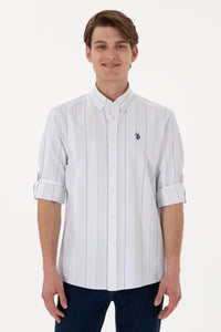 Cămașă Bărbați Pe Alb Cu Dungi Verticale Albastru Deschis Și Logo Discret