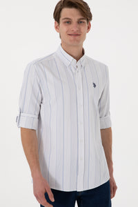 Cămașă Bărbați Pe Alb Cu Dungi Verticale Albastru Deschis Și Logo Discret