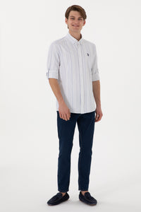 Cămașă Bărbați Pe Alb Cu Dungi Verticale Albastru Deschis Și Logo Discret