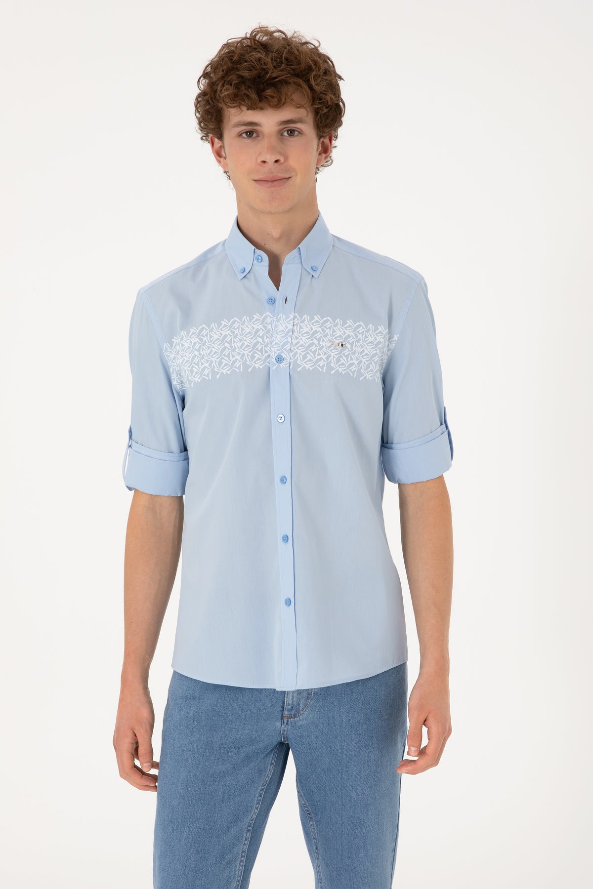 Cămașă Bărbați Pe Albastru Deschis Cu Model Pe Piept