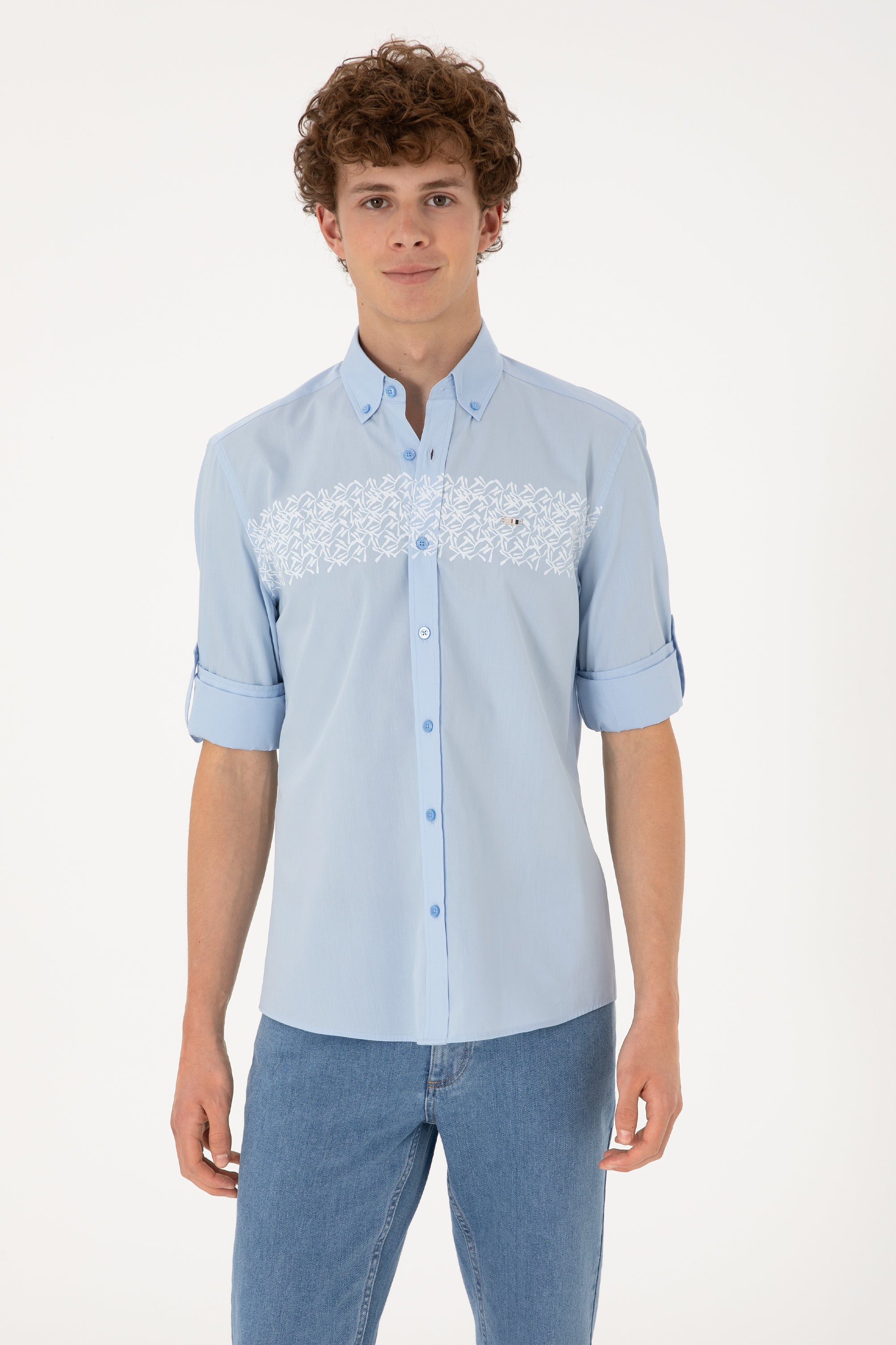Cămașă Bărbați Pe Albastru Deschis Cu Model Pe Piept
