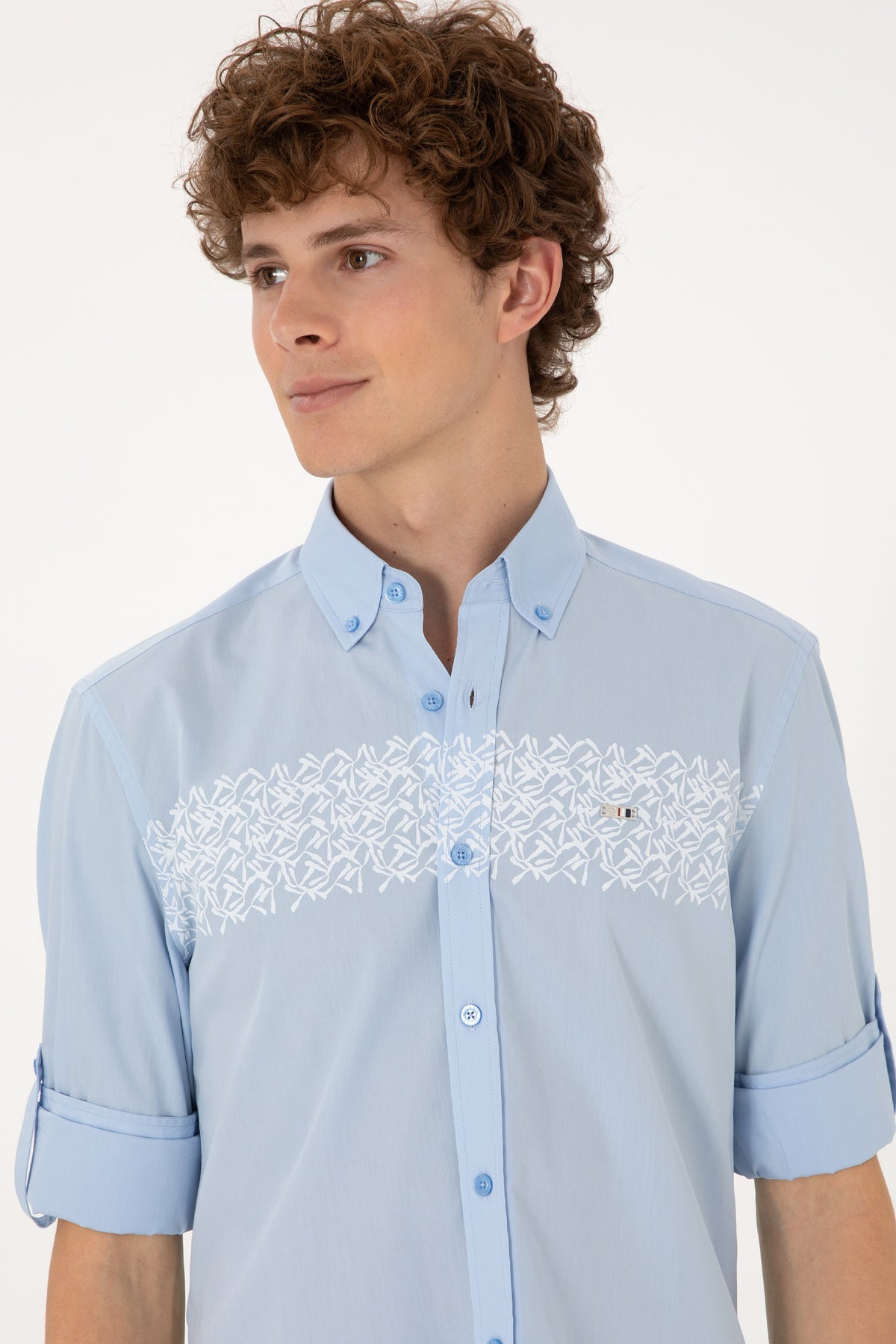 Cămașă Bărbați Pe Albastru Deschis Cu Model Pe Piept