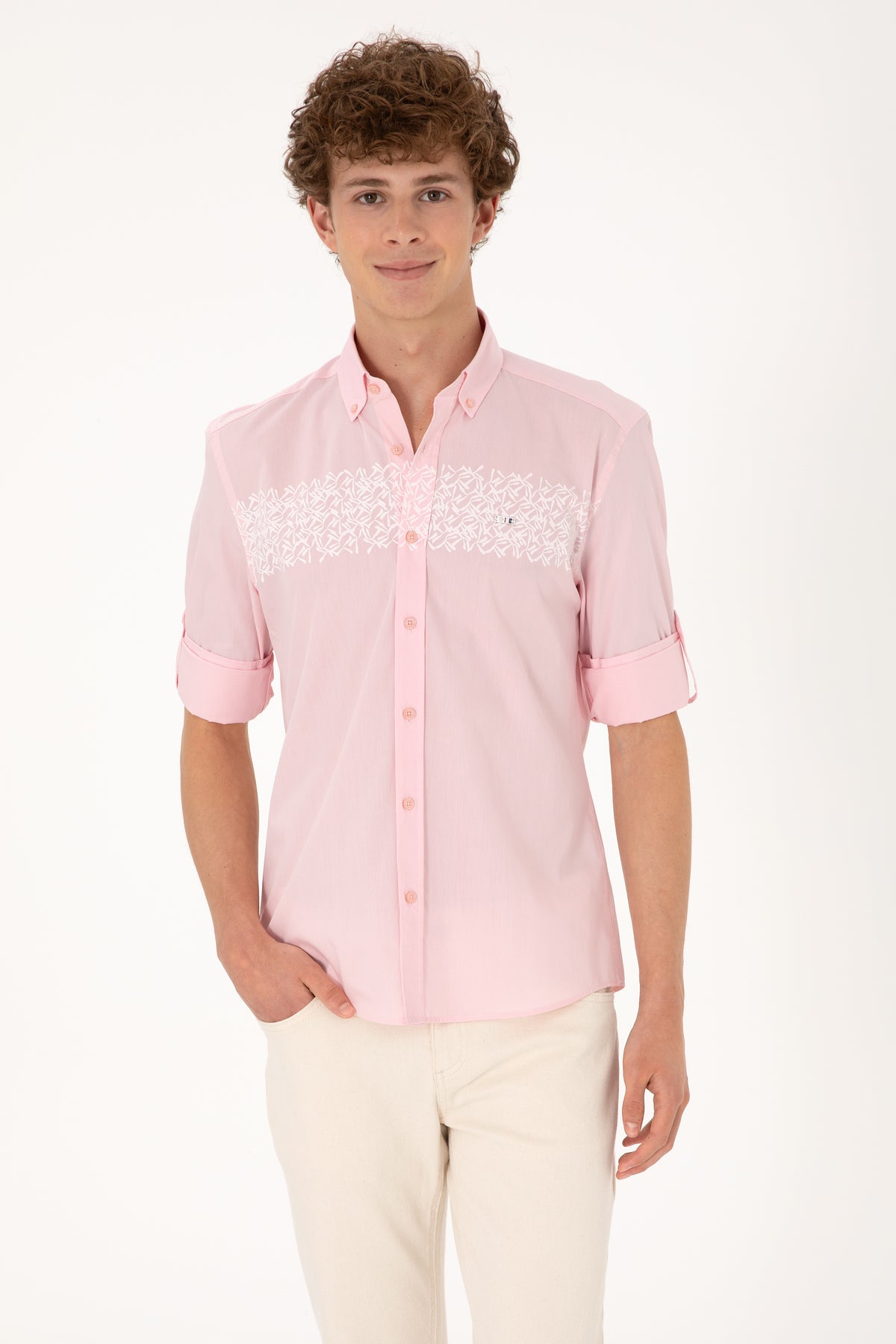Cămașă Bărbați Pe Roz Deschis Cu Model Pe Piept