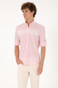 Cămașă Bărbați Pe Roz Deschis Cu Model Pe Piept