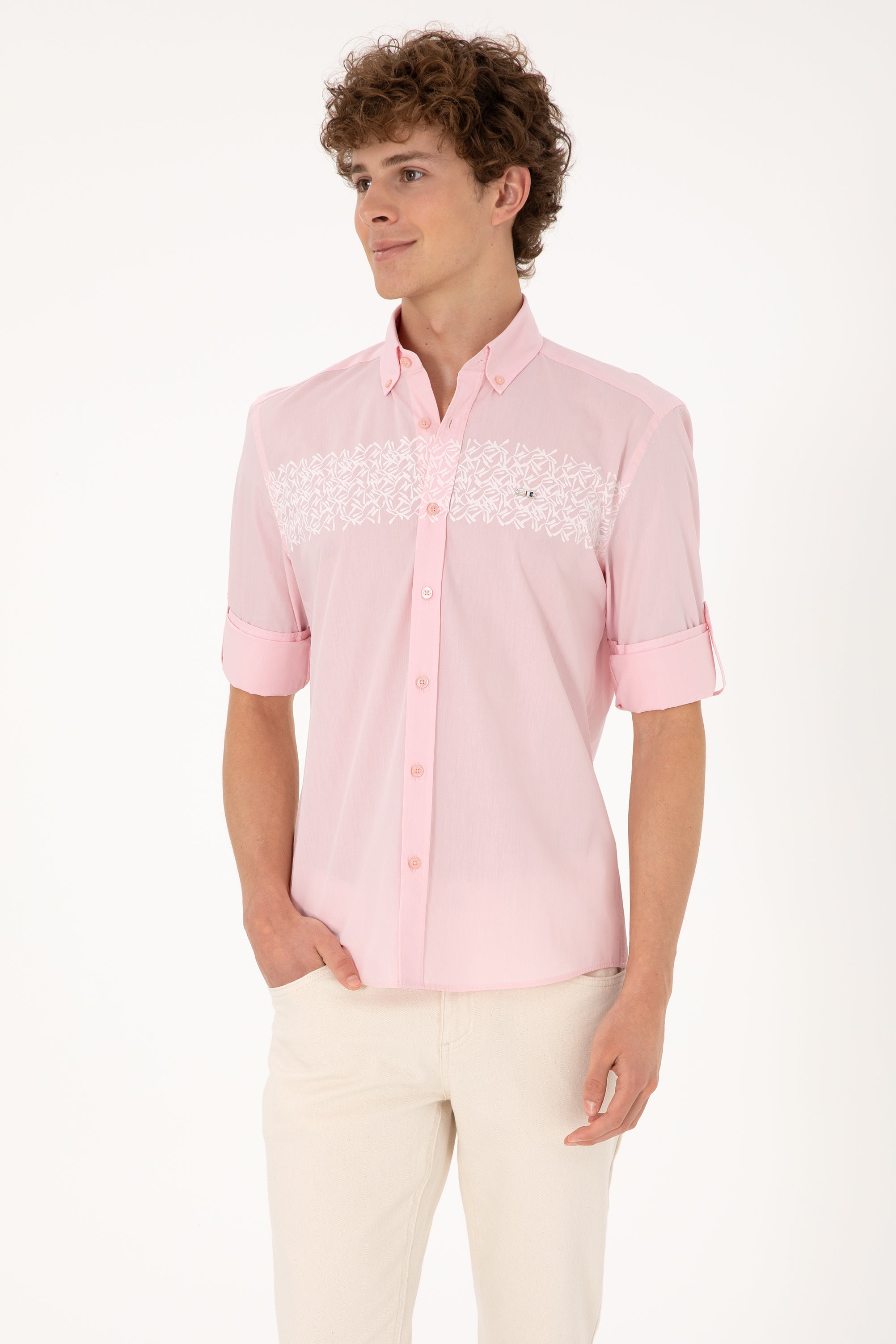 Cămașă Bărbați Pe Roz Deschis Cu Model Pe Piept
