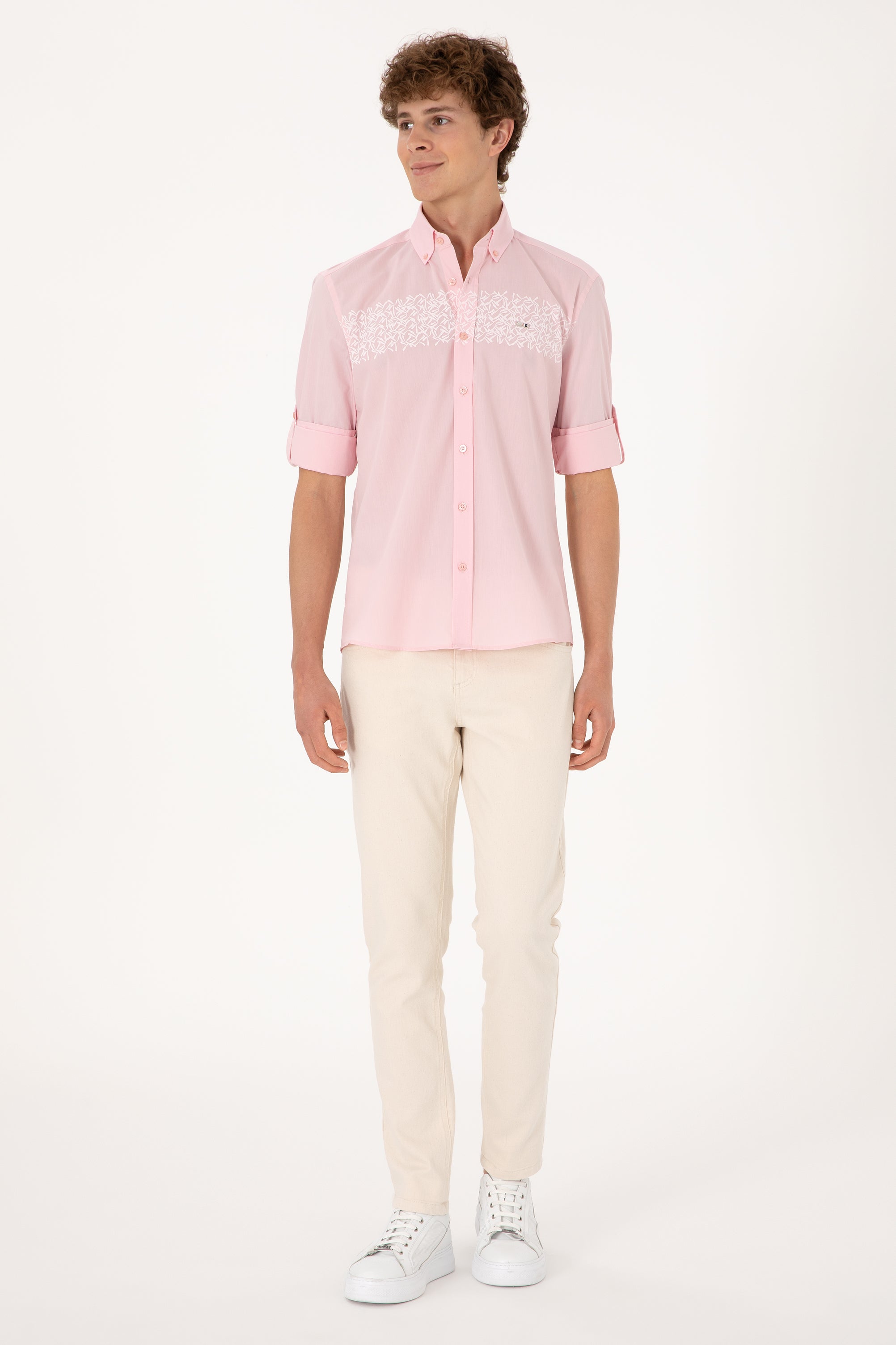 Cămașă Bărbați Pe Roz Deschis Cu Model Pe Piept
