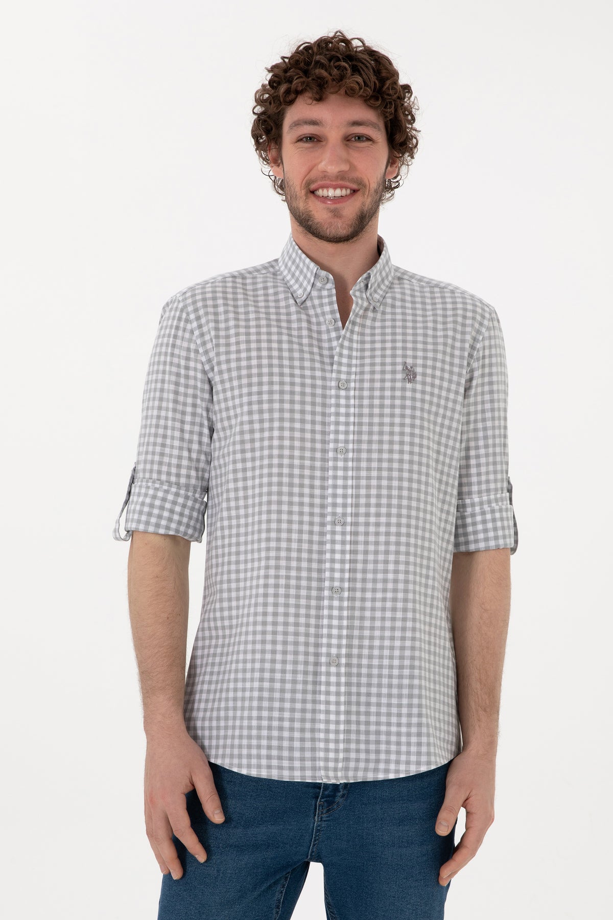 Cămașă Bărbați Gri În Carouri Cu Logo Discret