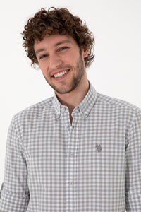 Cămașă Bărbați Gri În Carouri Cu Logo Discret