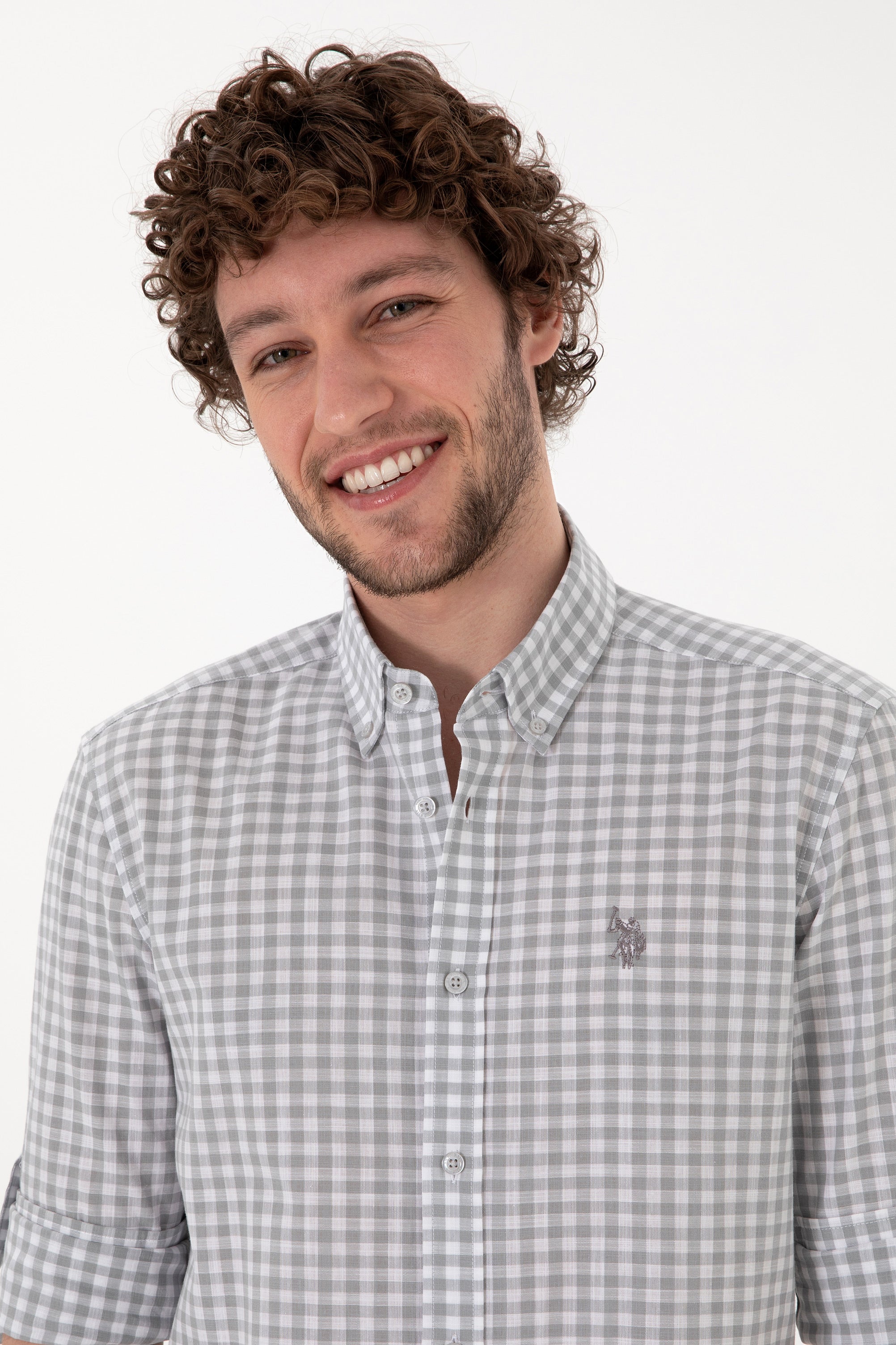 Cămașă Bărbați Gri În Carouri Cu Logo Discret