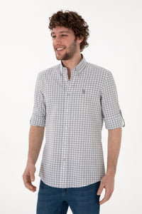 Cămașă Bărbați Gri În Carouri Cu Logo Discret