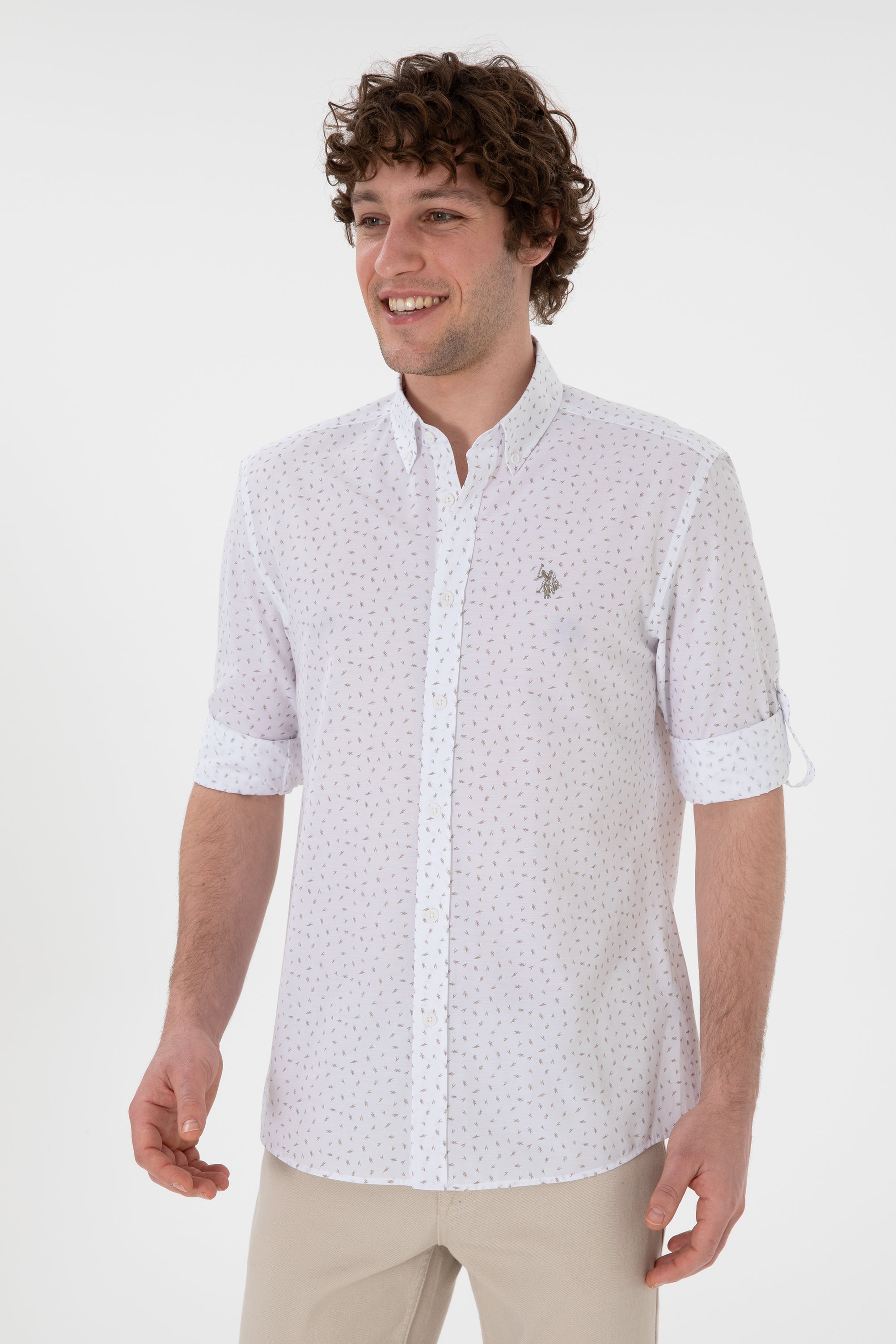 Cămașă Bărbați Pe Alb Cu Model Abstract Bej