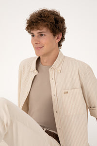 Cămașă Bărbați Pe Bej Cu Dungi Și Logo Aplicat