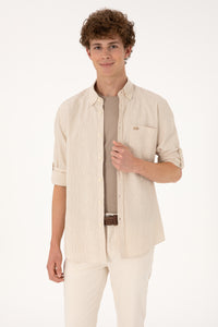 Cămașă Bărbați Pe Bej Cu Dungi Și Logo Aplicat