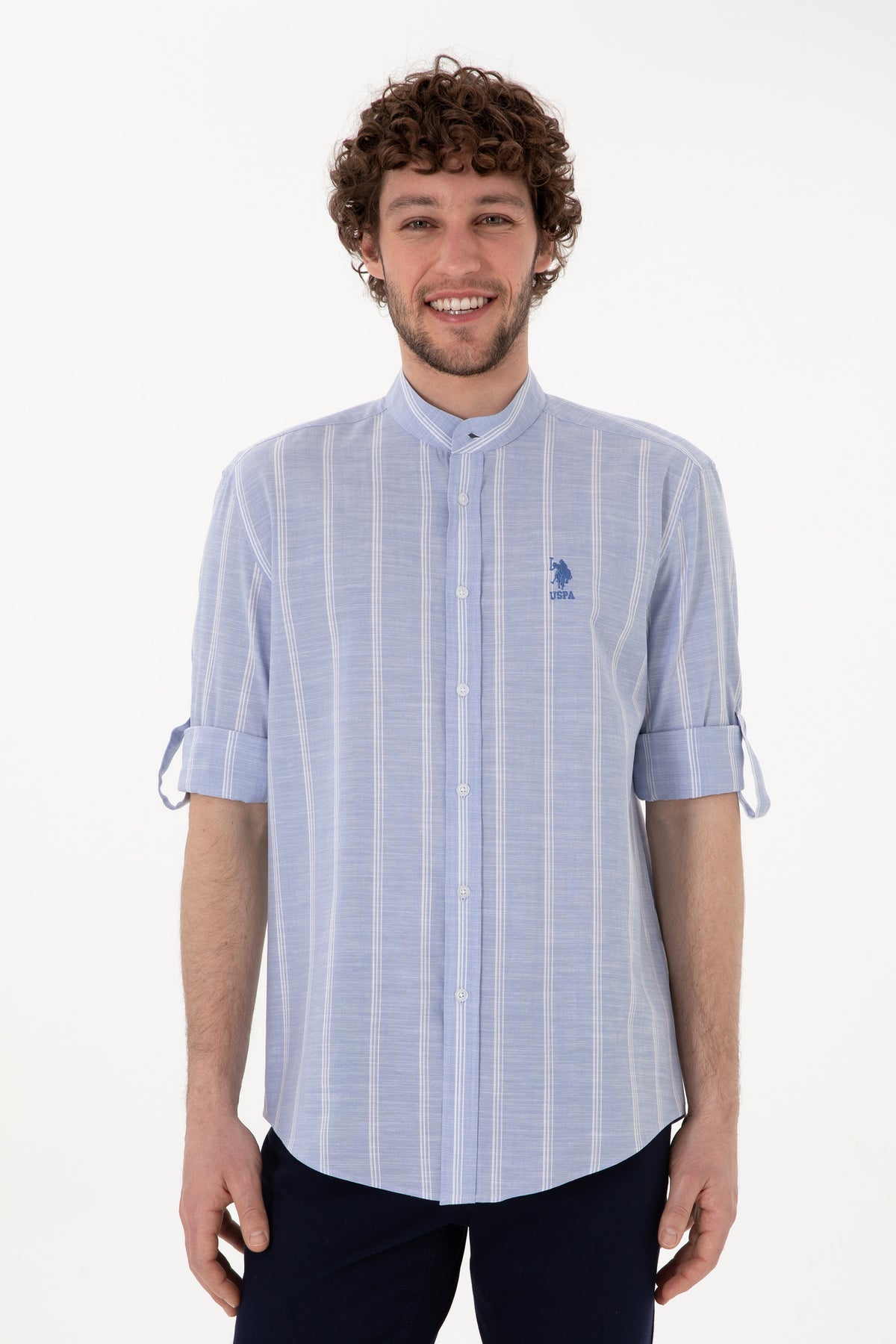 Cămașă Bărbați Pe Albastru Prăfuit Cu Guler Tunică