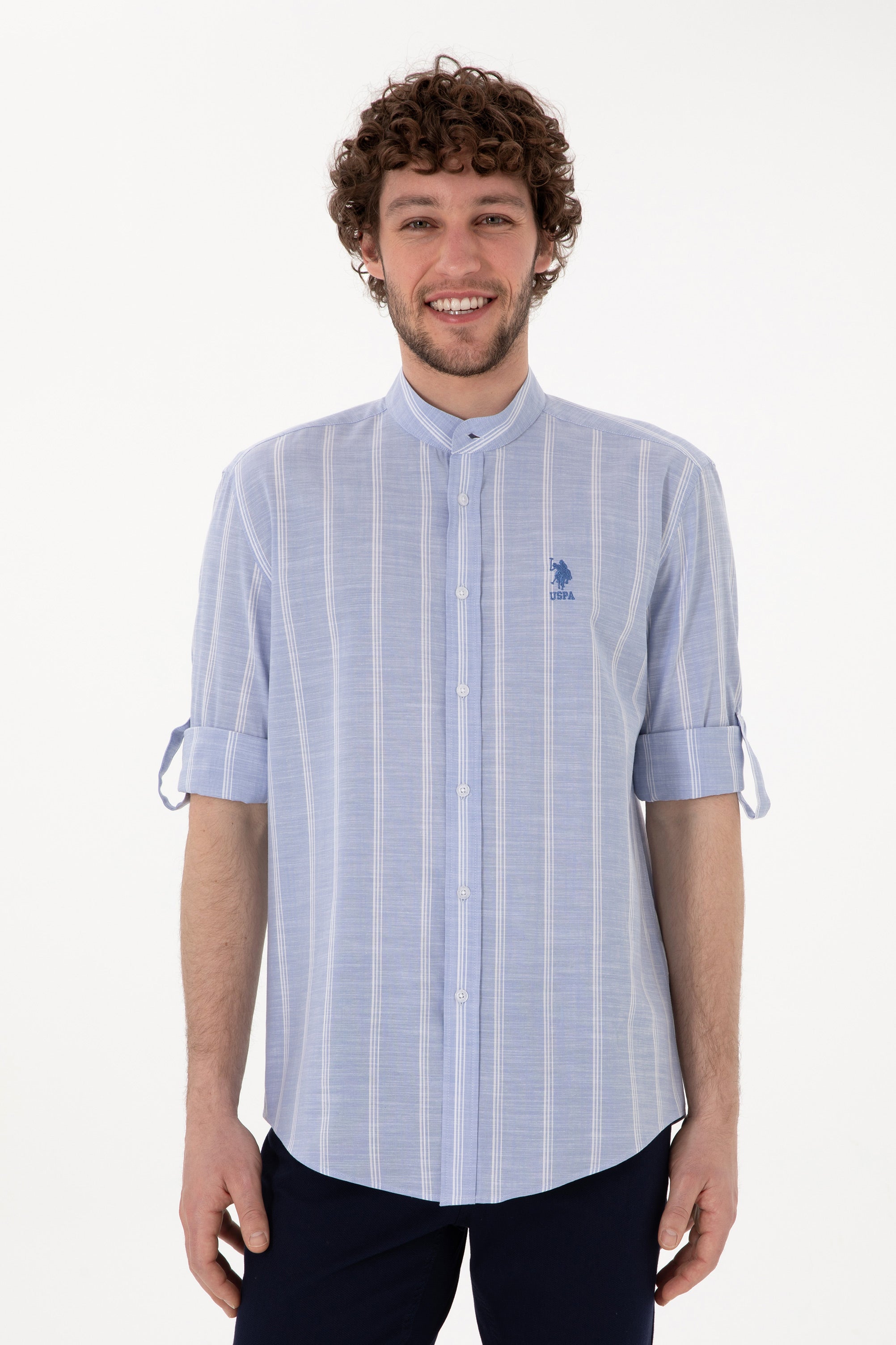 Cămașă Bărbați Pe Albastru Prăfuit Cu Guler Tunică