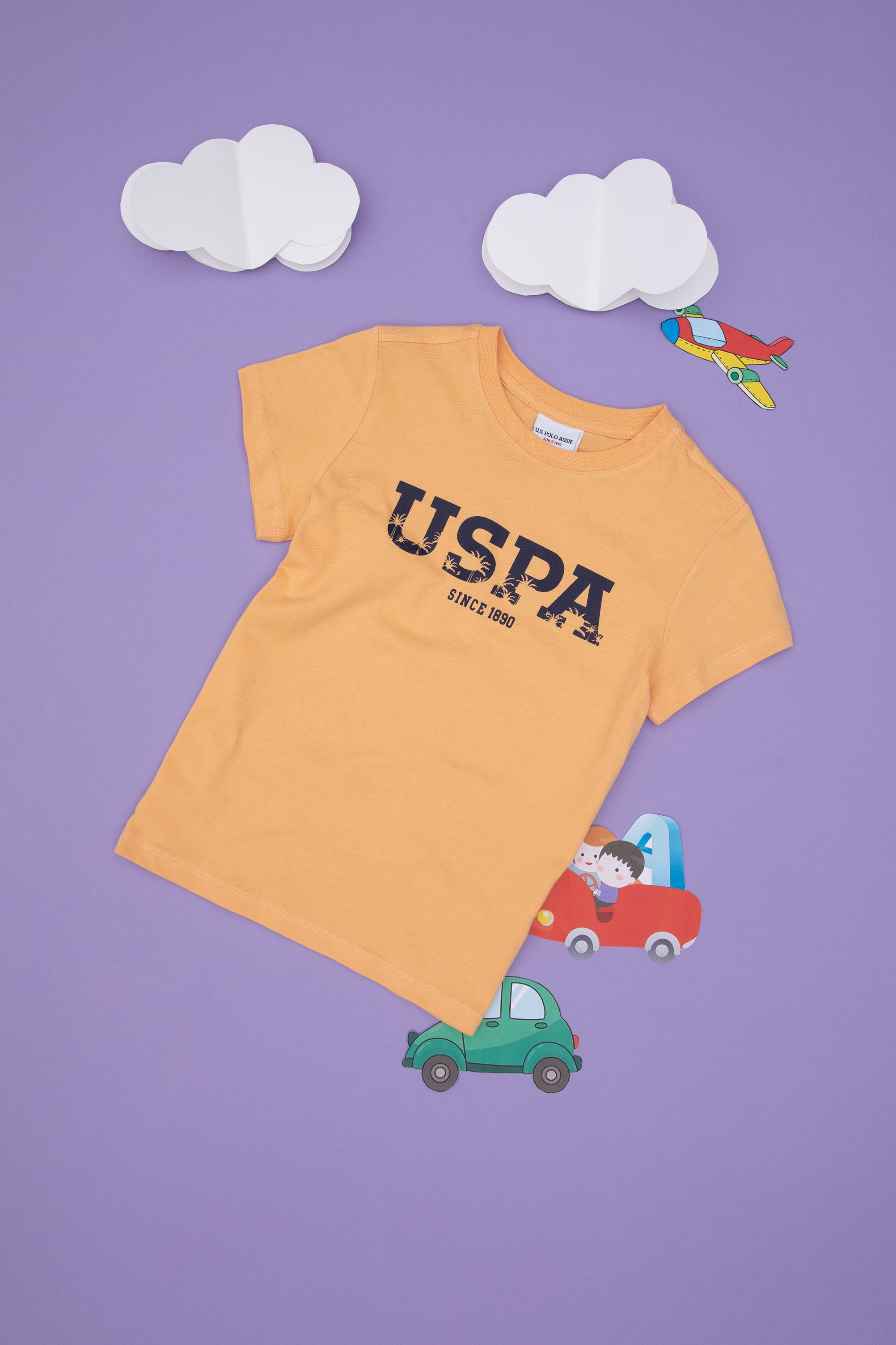 Tricou Băieți Portocaliu Deschis Cu Guler Rotund Și Logo USPA