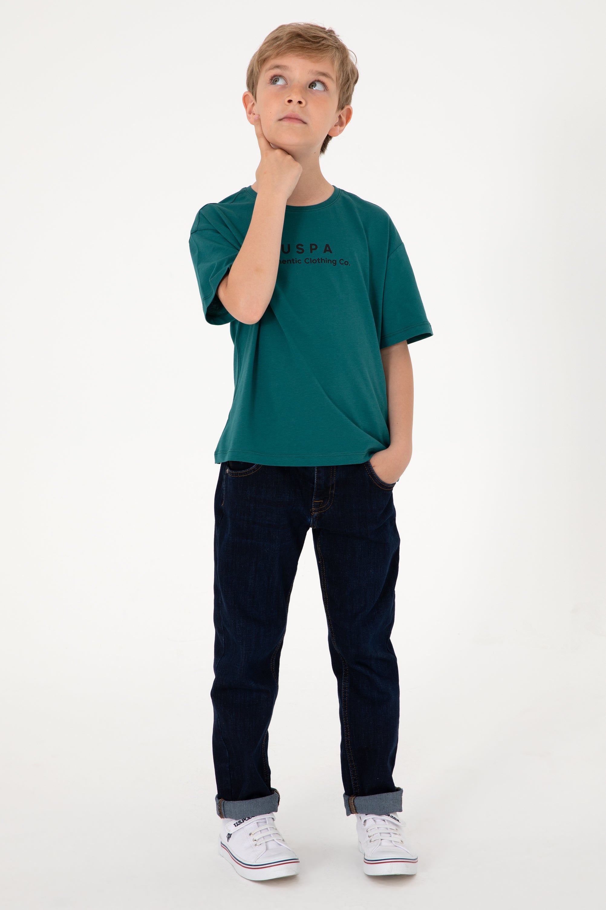 Tricou Băieți Verde Smarald Oversize Cu Guler Rotund Și Logo USPA 