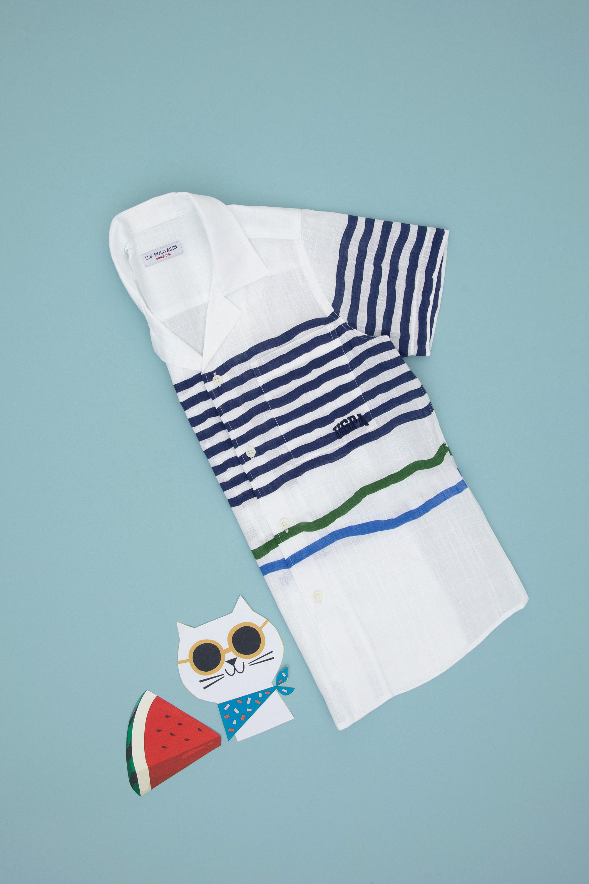 Cămașă Cu Mânecă Scurtă Băieți Albă Cu Dungi Orizontale