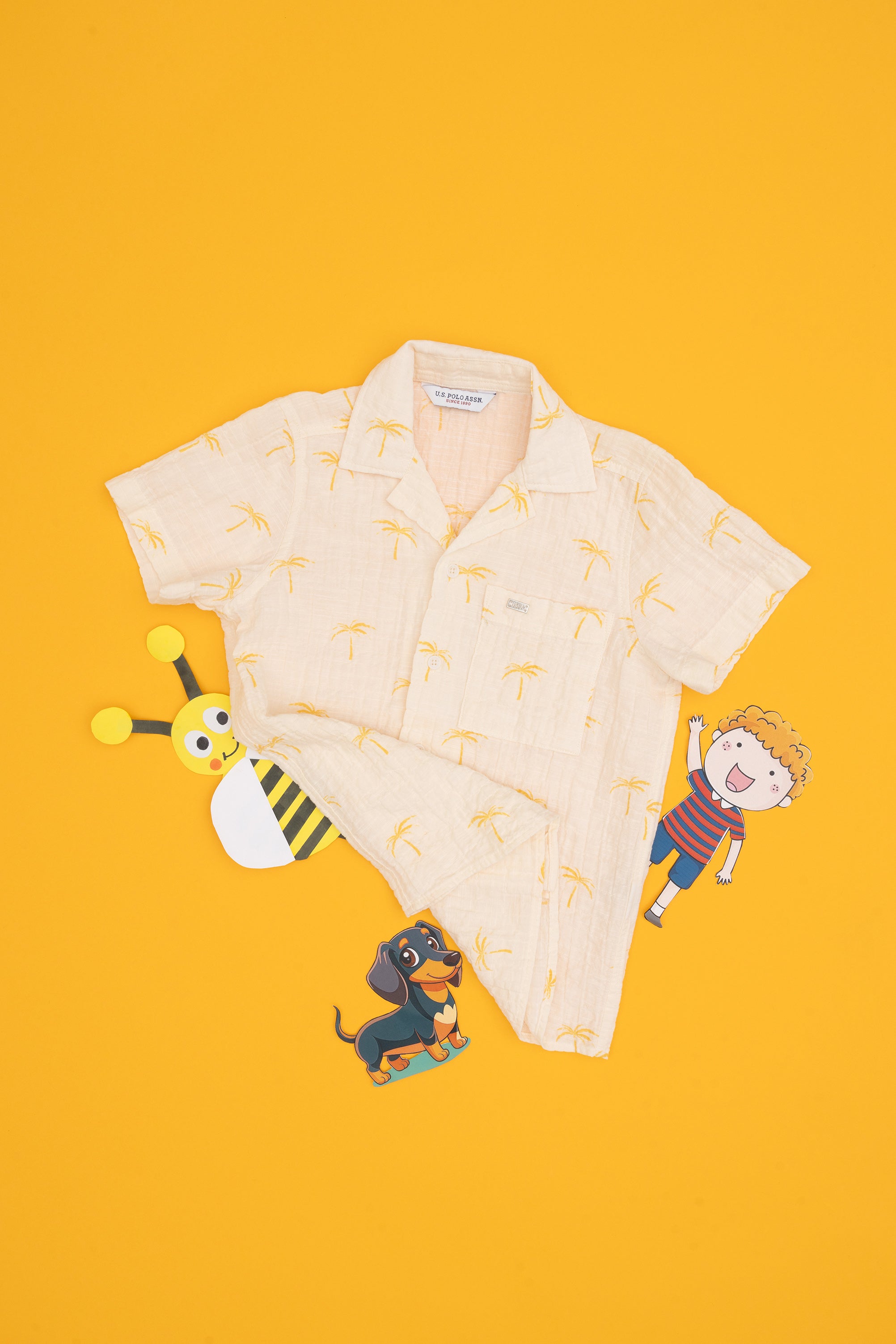 Cămașă Cu Mânecă Scurtă Băieți Pe Bej Cu Imprimeu Palmier