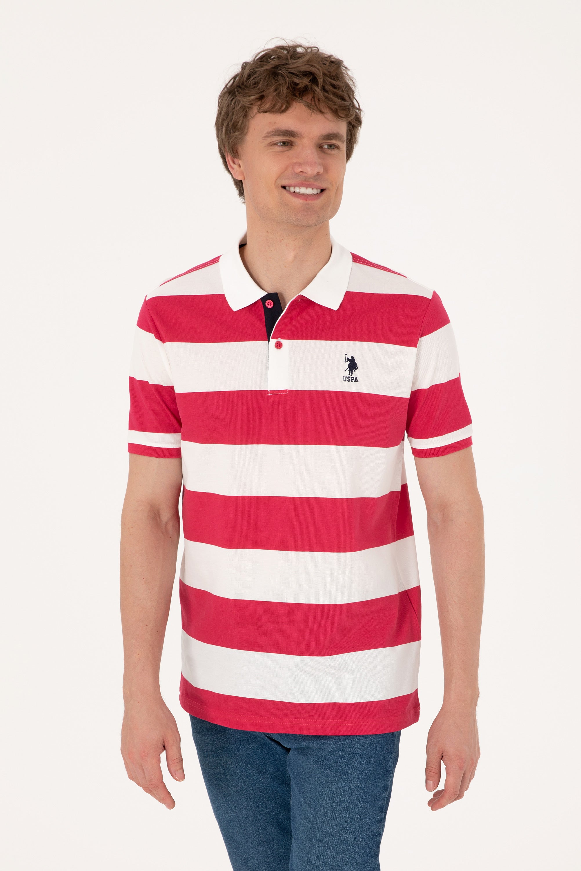 Tricou Polo Bărbați Cu Dungi Orizontale Și Logo Brodat