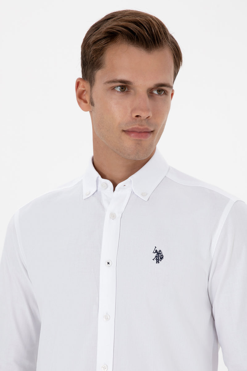 Camasa Barbat Pe Alb Cu Logo Brodat Si Nasturi La Guler