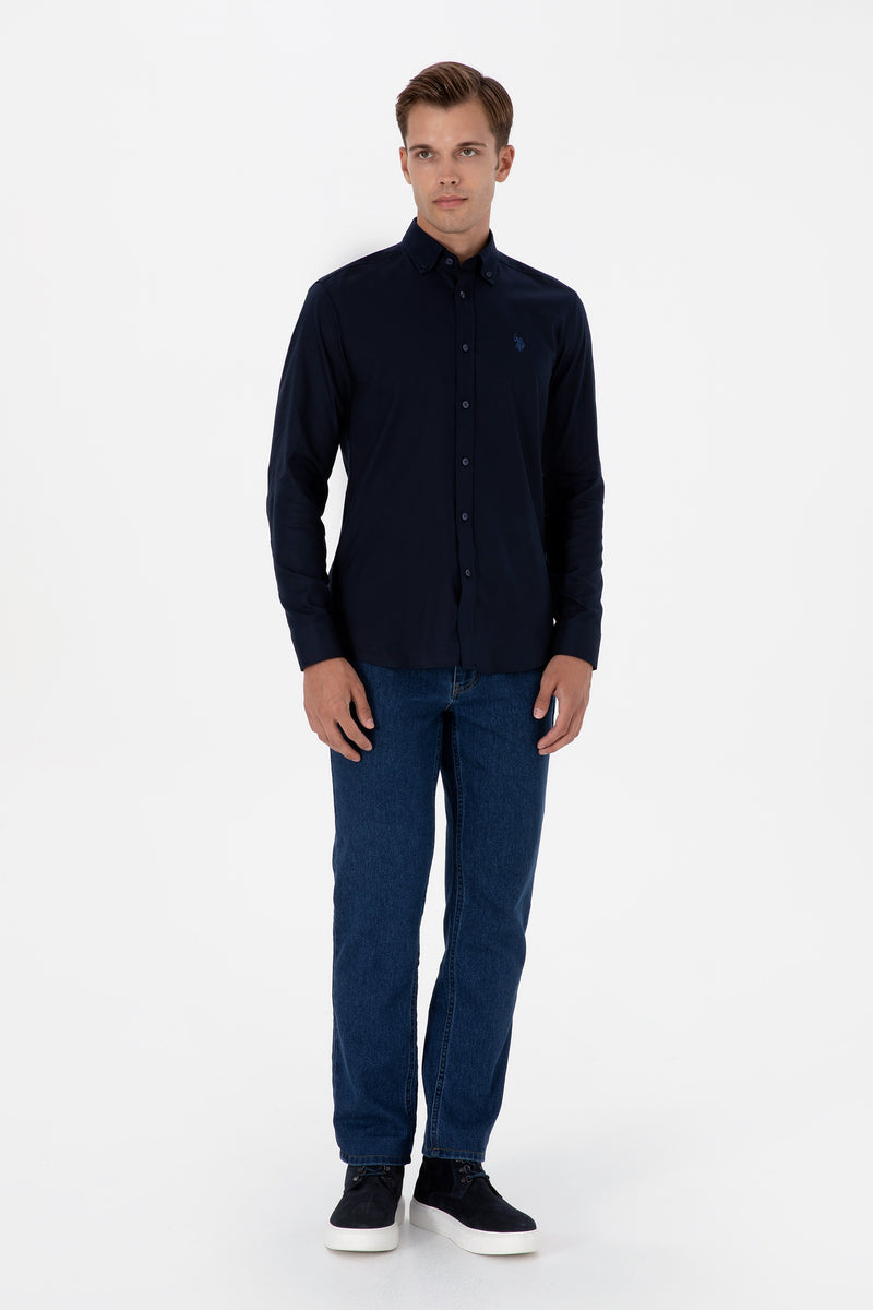 Camasa Barbat Pe Bleumarin Cu Logo Brodat Si Nasturi La Guler