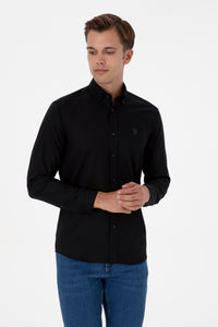 Camasa Barbat Pe Negru Cu Logo Brodat Si Nasturi La Guler