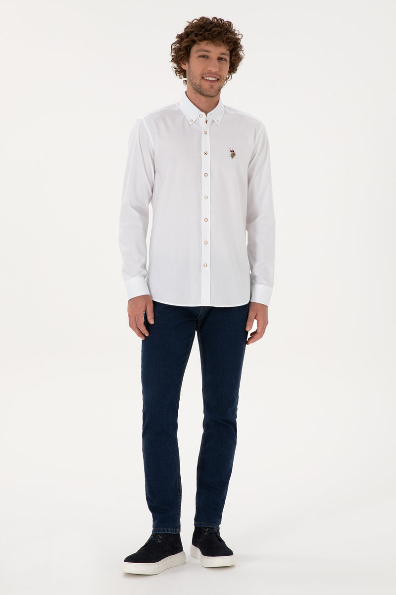 Camasa Barbat Pe Alb Cu Logo Color Si Nasturi Speciali