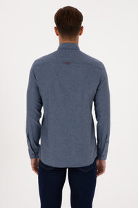 Camasa Barbat Pe Albastru Textura Cu Efect Tweed si Logo Brodat