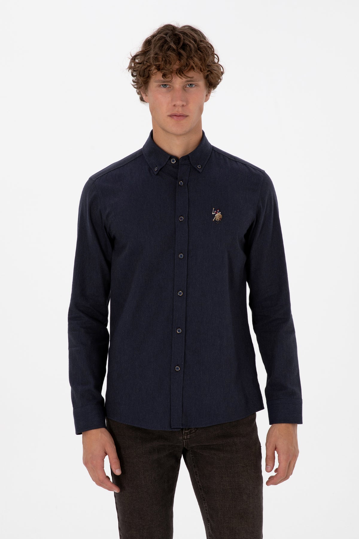 Camasa Barbat Pe Bleumarin Textura Cu Efect Tweed Si Logo Brodat