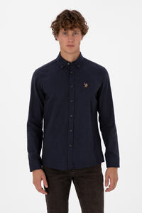 Camasa Barbat Pe Bleumarin Textura Cu Efect Tweed Si Logo Brodat