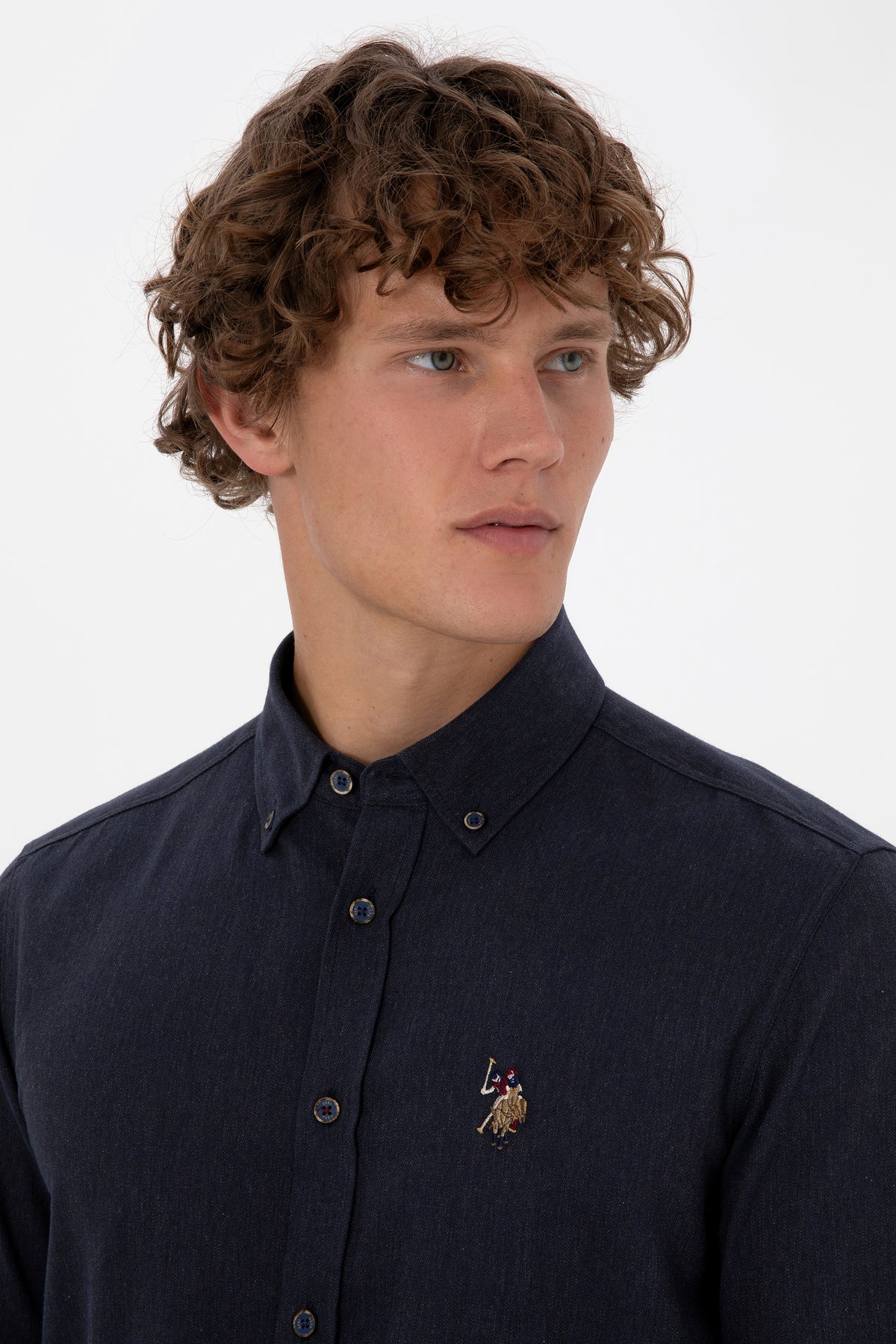 Camasa Barbat Pe Bleumarin Textura Cu Efect Tweed Si Logo Brodat