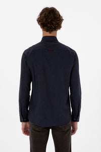 Camasa Barbat Pe Bleumarin Textura Cu Efect Tweed Si Logo Brodat