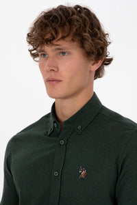 Camasa Barbat Pe Verde Inchis Textura Cu Efect Tweed Si Logo Brodat