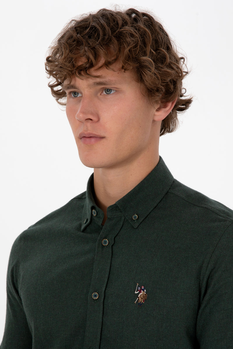 Camasa Barbat Pe Verde Inchis Textura Cu Efect Tweed Si Logo Brodat