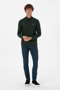 Camasa Barbat Pe Verde Inchis Textura Cu Efect Tweed Si Logo Brodat