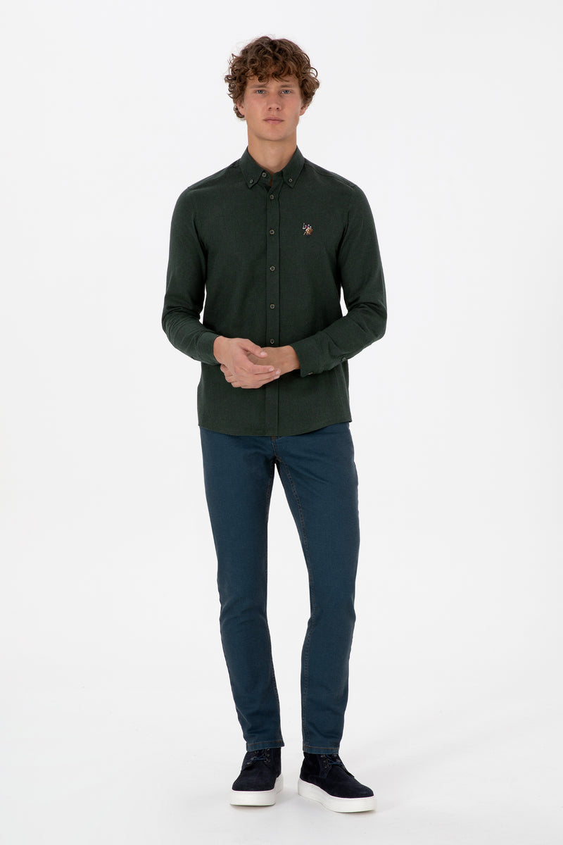 Camasa Barbat Pe Verde Inchis Textura Cu Efect Tweed Si Logo Brodat