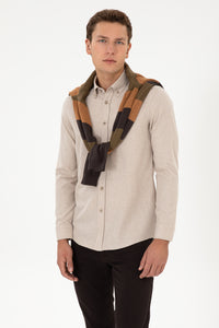 Camasa Barbat Pe Bej Cu Logo Si Textura 