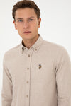 Camasa Barbat Pe Bej Cu Logo Si Textura 