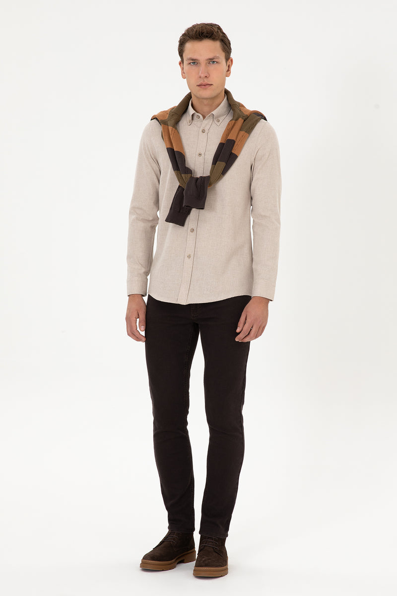 Camasa Barbat Pe Bej Cu Logo Si Textura 