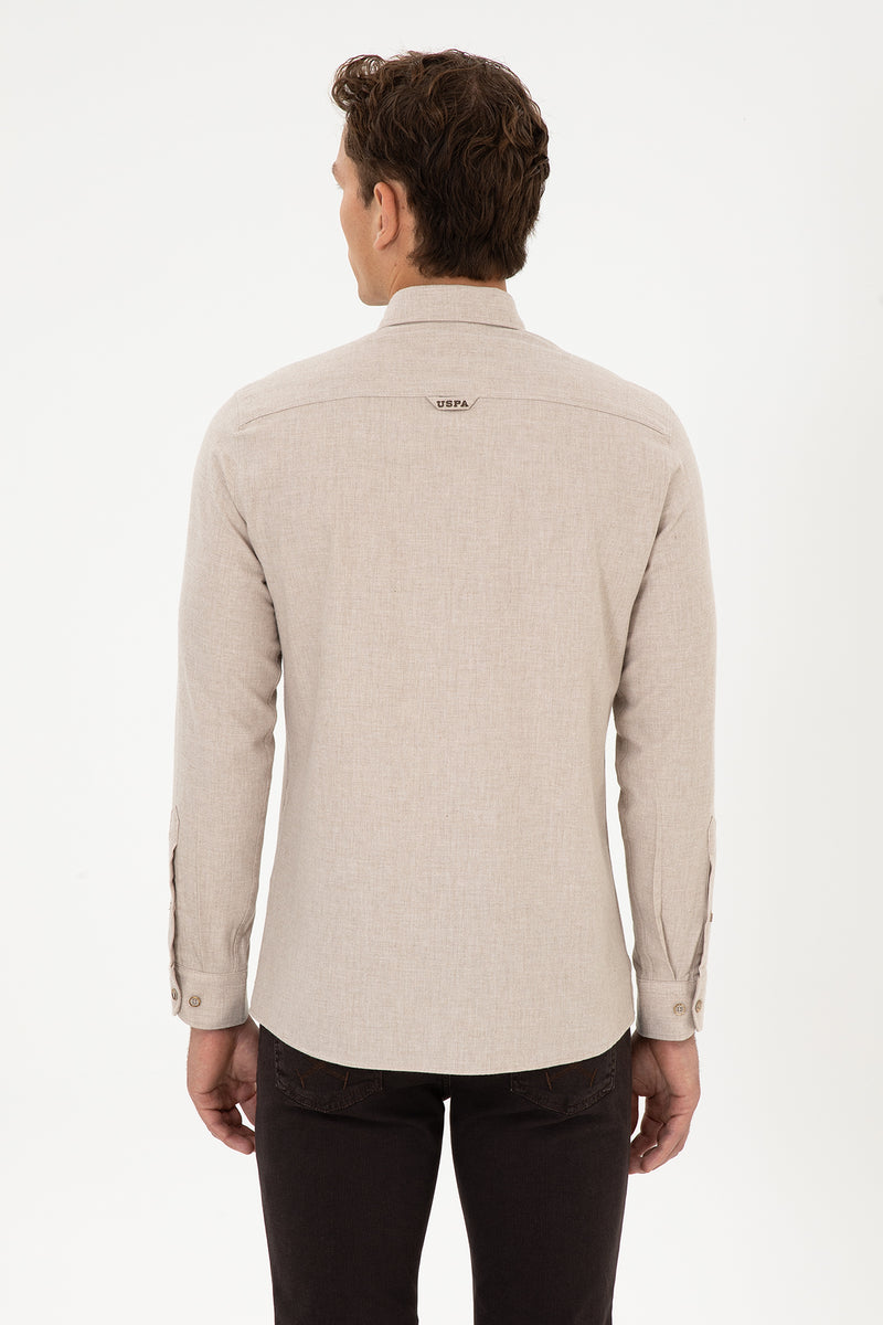 Camasa Barbat Pe Bej Cu Logo Si Textura 
