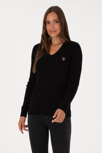 Pulover Dama Pe Negru Cu Guler In V Si Textura Cable