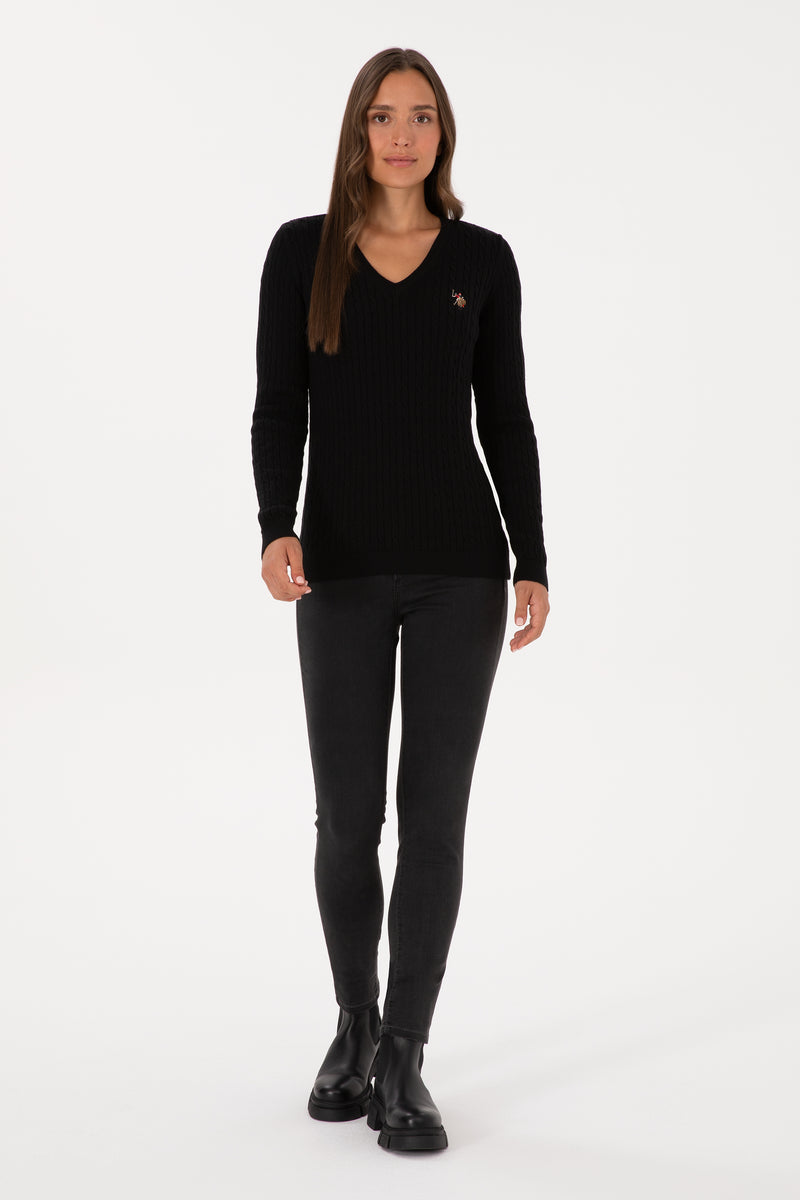 Pulover Dama Pe Negru Cu Guler In V Si Textura Cable