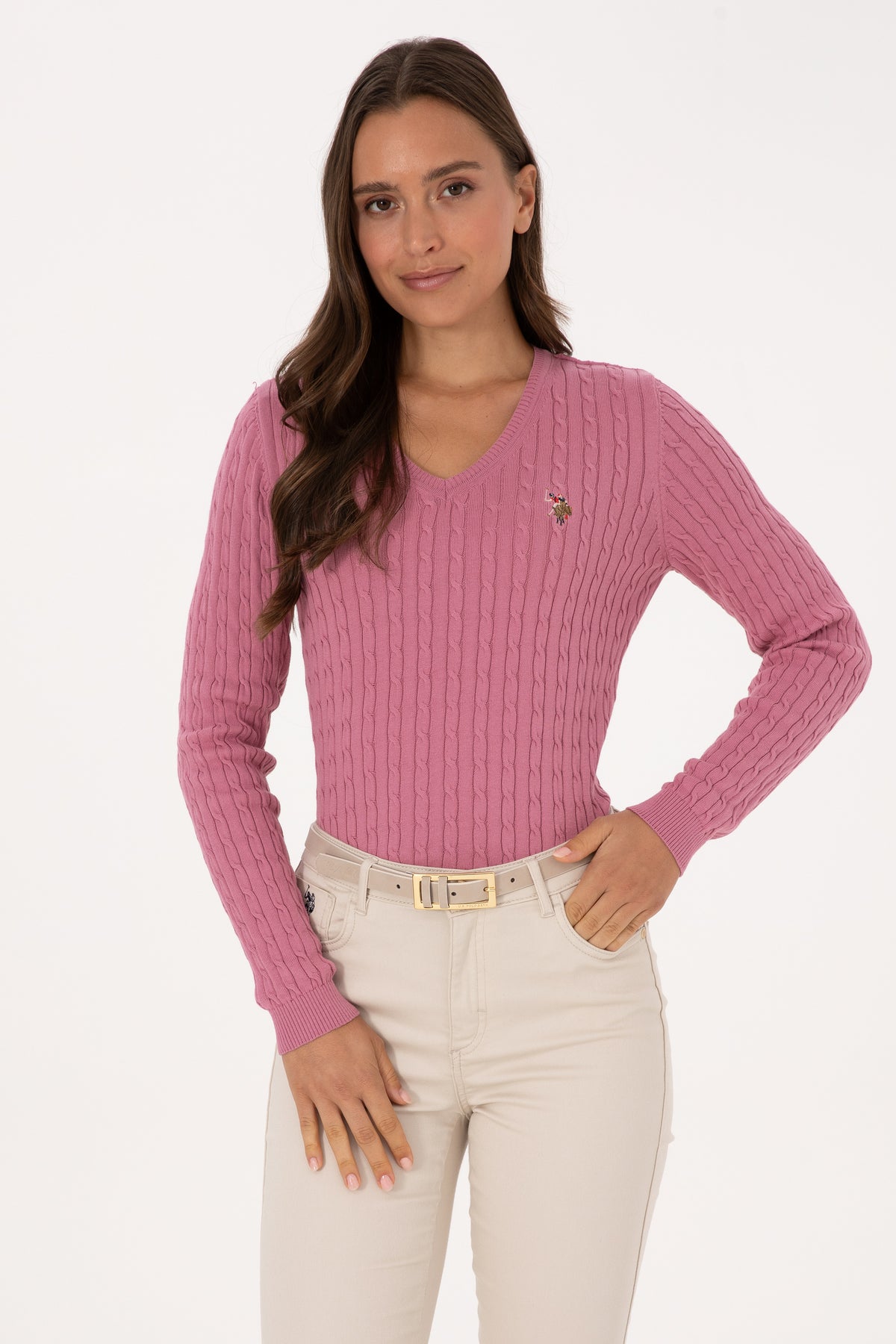 Pulover Dama Pe Roz Bonbon Cu Guler In V Si Textura Cable