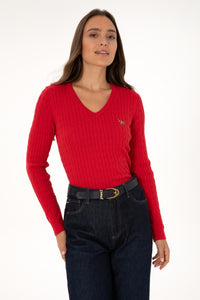 Pulover Dama Pe Rosu Cu Guler In V Si Textura Cable